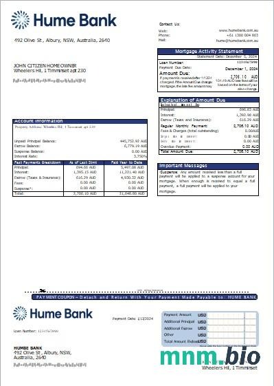 Australia Bank Hume wyciąg z kredytu hipotecznego szablon Word i PDF